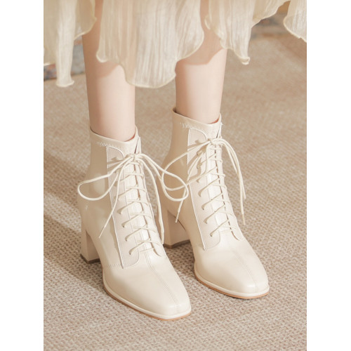 白色法式洋氣小短靴女2025新款春秋單靴氣質百搭高跟馬丁靴粗跟鞋