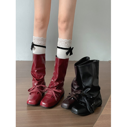 棕色復古百搭方頭平底短靴子女秋2025新款配裙子褶皺西部堆堆靴子 棕色復古百搭方頭平底短靴子女秋2025新款配裙子褶皺西部堆堆靴子