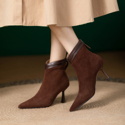 細跟短靴女復古磨砂氣質簡約裸靴2026新款秋冬尖頭高跟鞋法式踝靴