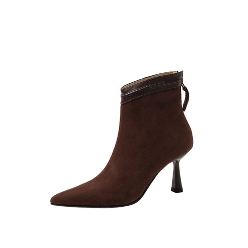 細跟短靴女復古磨砂氣質簡約裸靴2026新款秋冬尖頭高跟鞋法式踝靴