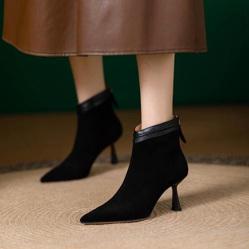 細跟短靴女復古磨砂氣質簡約裸靴2026新款秋冬尖頭高跟鞋法式踝靴