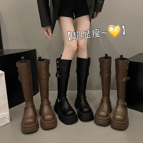 厚底增高棕色長筒靴女2026新款秋西部牛仔美拉德高筒騎士靴長靴子