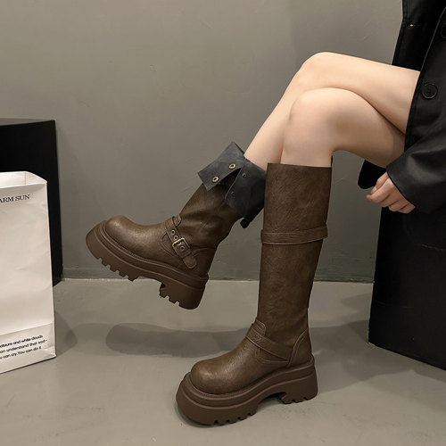 厚底增高棕色長筒靴女2026新款秋西部牛仔美拉德高筒騎士靴長靴子