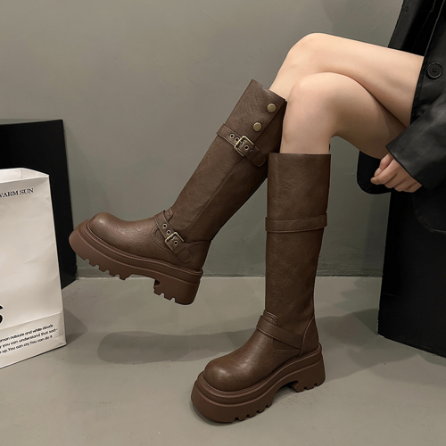 厚底增高棕色長筒靴女2026新款秋西部牛仔美拉德高筒騎士靴長靴子