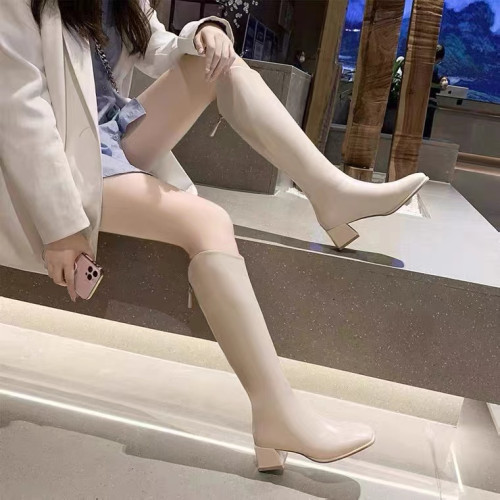 小個子長筒靴女2023新款胖mm粗腿高跟高筒騎士方頭瘦瘦靴