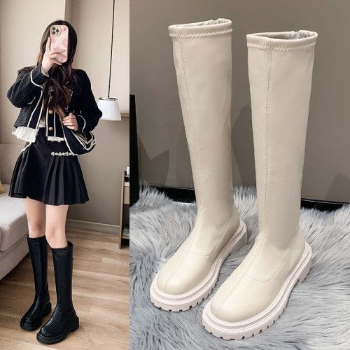 奶茶色長筒靴2025秋冬新款後拉鍊防滑厚底顯瘦高筒騎士靴菸筒靴女