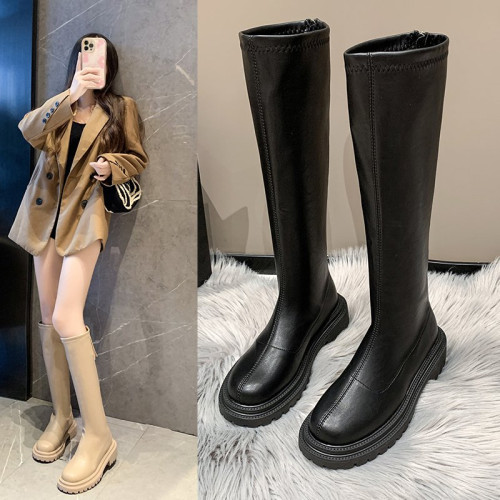 奶茶色長筒靴2025秋冬新款後拉鍊防滑厚底顯瘦高筒騎士靴菸筒靴女