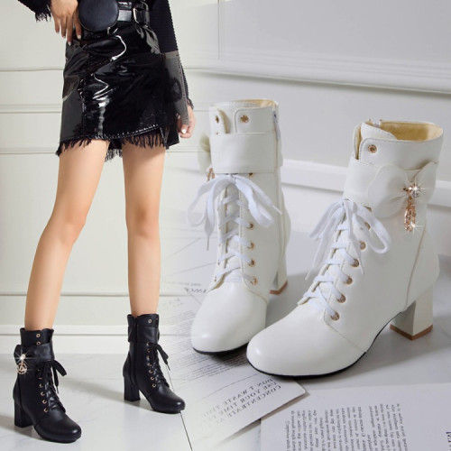 34-43甜美短靴女洋氣系帶側拉鍊表演中跟粗跟百搭大碼靴爆款白色 34-43甜美短靴女洋氣系帶側拉鍊表演中跟粗跟百搭大碼靴爆款白色