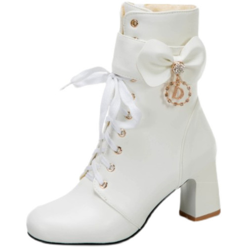 34-43甜美短靴女洋氣系帶側拉鍊表演中跟粗跟百搭大碼靴爆款白色 34-43甜美短靴女洋氣系帶側拉鍊表演中跟粗跟百搭大碼靴爆款白色