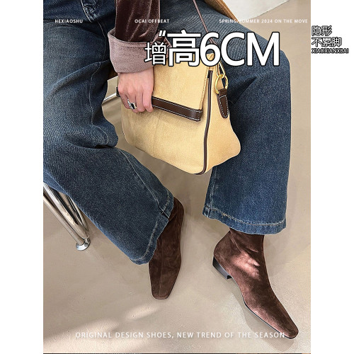 小個子內增高6cm~方頭絨面時裝短靴2026年秋季新款休閒百搭女鞋！