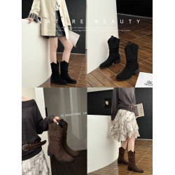 自然卷尖頭西部牛仔靴女新款騎士短靴中筒堆堆靴加絨粗跟馬丁短靴