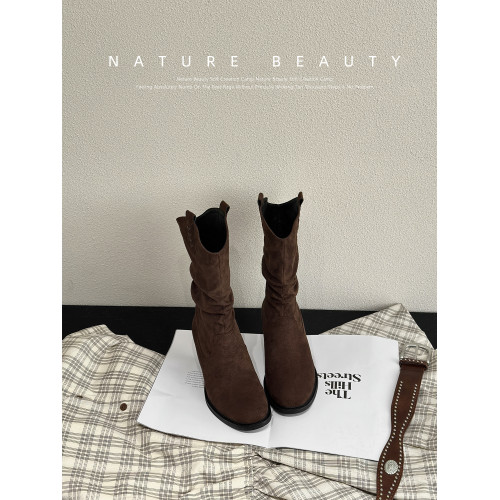 自然卷尖頭西部牛仔靴女新款騎士短靴中筒堆堆靴加絨粗跟馬丁短靴