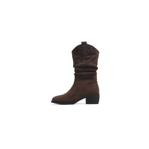 自然卷尖頭西部牛仔靴女新款騎士短靴中筒堆堆靴加絨粗跟馬丁短靴