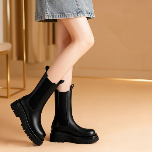 全牛皮mona內增高馬丁靴女英倫風真皮厚底顯瘦菸筒靴切爾西短靴子