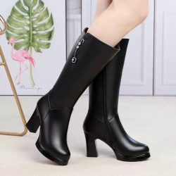 真皮女靴冬季棉靴防滑高跟中跟加絨羊毛長筒靴子中筒靴馬靴女棉鞋