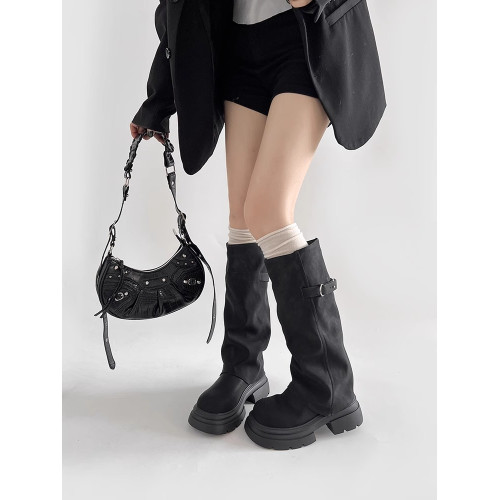 林北北棕色騎士靴女秋冬季長筒高筒美拉德厚底增高加絨堆堆褲琯靴