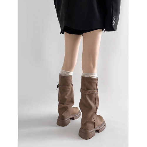 林北北棕色騎士靴女秋冬季長筒高筒美拉德厚底增高加絨堆堆褲琯靴