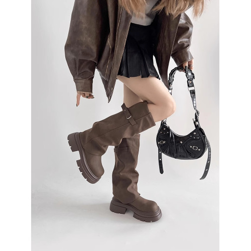 林北北棕色騎士靴女秋冬季長筒高筒美拉德厚底增高加絨堆堆褲琯靴