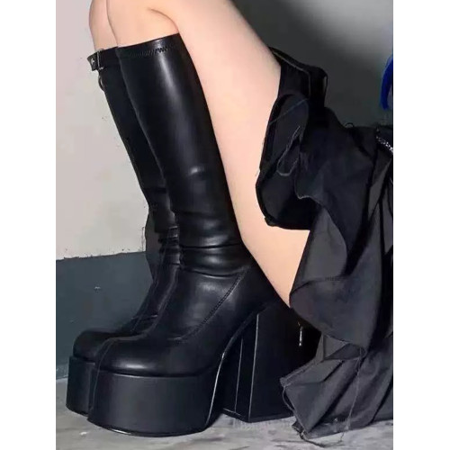 澁穀辣妹暗黑y2k方頭低筒靴粗跟厚底包腿過膝歐美高筒騎士靴秋季