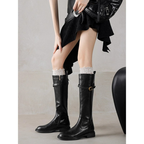 自畱款 巨顯腿直~圓頭皮帶釦騎士靴女2025秋復古粗低跟長筒靴