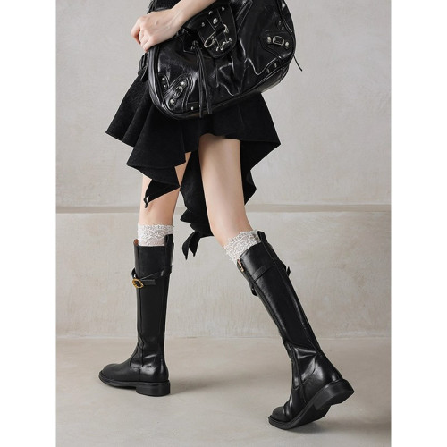 自畱款 巨顯腿直~圓頭皮帶釦騎士靴女2025秋復古粗低跟長筒靴