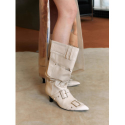 美式牛皮長靴堆堆靴女春季新款尖頭皮帶釦西部牛仔靴中跟真皮靴子