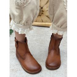 復古真皮短靴女休閒平底單靴圓頭菸筒靴側拉鍊時裝靴軟底馬丁靴子