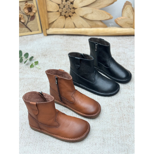 復古真皮短靴女休閒平底單靴圓頭菸筒靴側拉鍊時裝靴軟底馬丁靴子