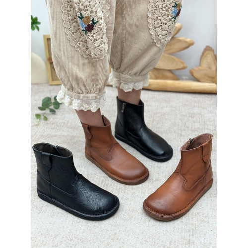 復古真皮短靴女休閒平底單靴圓頭菸筒靴側拉鍊時裝靴軟底馬丁靴子