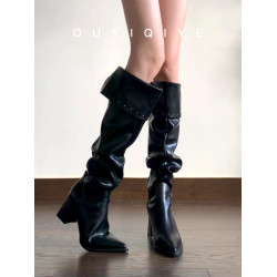 羊皮版~粗跟不過膝高筒騎士靴女復古褶皺堆堆靴秋冬高跟尖頭長靴