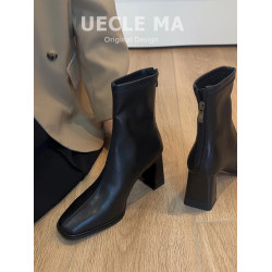 羊皮版~法式高跟瘦瘦靴女方頭粗跟切爾西馬丁靴子巨好看氣質短靴