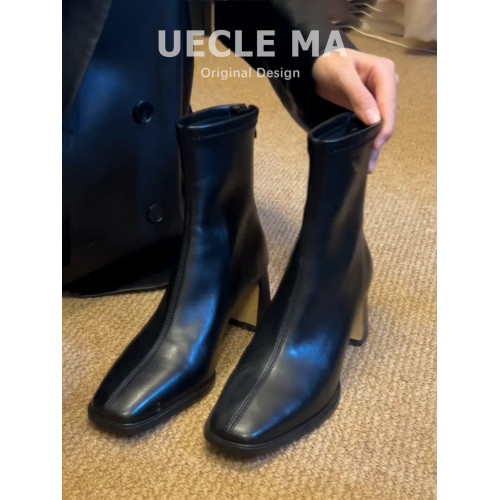 羊皮版~法式高跟瘦瘦靴女方頭粗跟切爾西馬丁靴子巨好看氣質短靴 羊皮版~法式高跟瘦瘦靴女方頭粗跟切爾西馬丁靴子巨好看氣質短靴