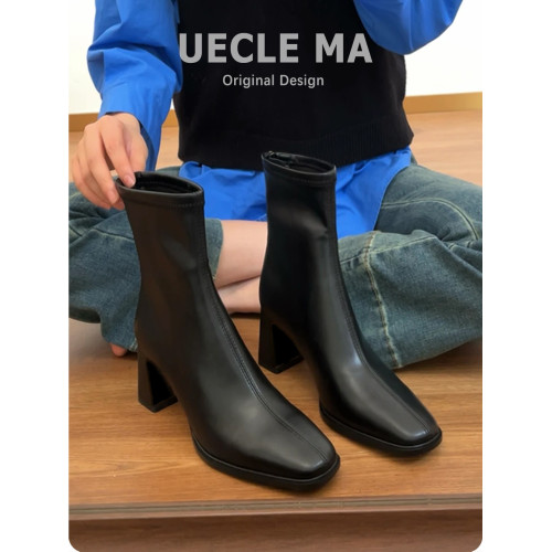 羊皮版~法式高跟瘦瘦靴女方頭粗跟切爾西馬丁靴子巨好看氣質短靴 羊皮版~法式高跟瘦瘦靴女方頭粗跟切爾西馬丁靴子巨好看氣質短靴