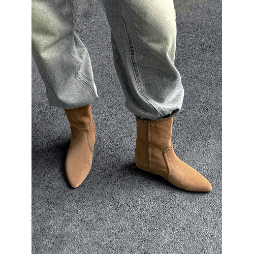 韓版英倫風磨砂絨面尖頭西部牛仔靴女一腳蹬寬筒平底短靴女內增高