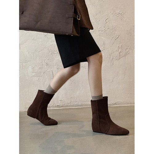 韓版英倫風磨砂絨面尖頭西部牛仔靴女一腳蹬寬筒平底短靴女內增高