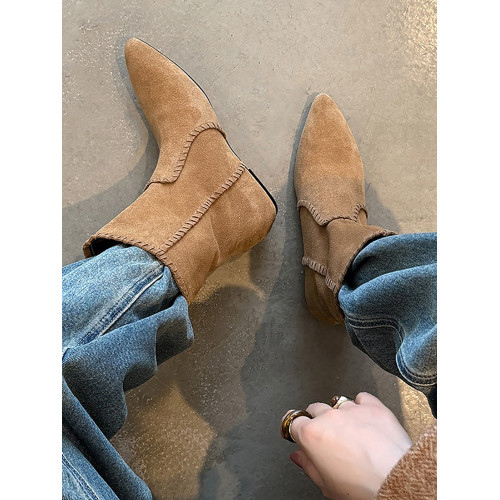 韓版英倫風磨砂絨面尖頭西部牛仔靴女一腳蹬寬筒平底短靴女內增高