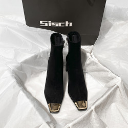 西施 金屬頭黑色絨面高跟短靴女2025年新款方頭粗跟瘦瘦靴子女