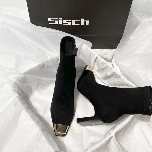 西施 金屬頭黑色絨面高跟短靴女2025年新款方頭粗跟瘦瘦靴子女 西施 金屬頭黑色絨面高跟短靴女2025年新款方頭粗跟瘦瘦靴子女