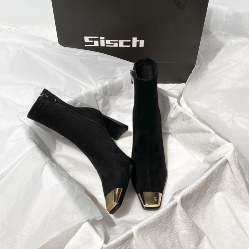 西施 金屬頭黑色絨面高跟短靴女2025年新款方頭粗跟瘦瘦靴子女 西施 金屬頭黑色絨面高跟短靴女2025年新款方頭粗跟瘦瘦靴子女