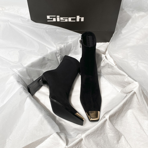 西施 金屬頭黑色絨面高跟短靴女2025年新款方頭粗跟瘦瘦靴子女 西施 金屬頭黑色絨面高跟短靴女2025年新款方頭粗跟瘦瘦靴子女