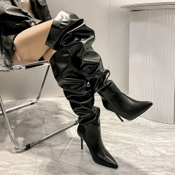 長靴女大筒圍黑色高跟歐美風高筒靴子2025年冬尖頭細跟騎士堆堆靴