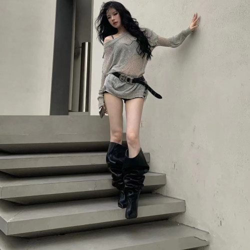 長靴女大筒圍黑色高跟歐美風高筒靴子2025年冬尖頭細跟騎士堆堆靴