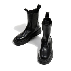 三月情書 2024秋冬新款真皮騎士靴女英倫復古中筒厚底菸筒靴