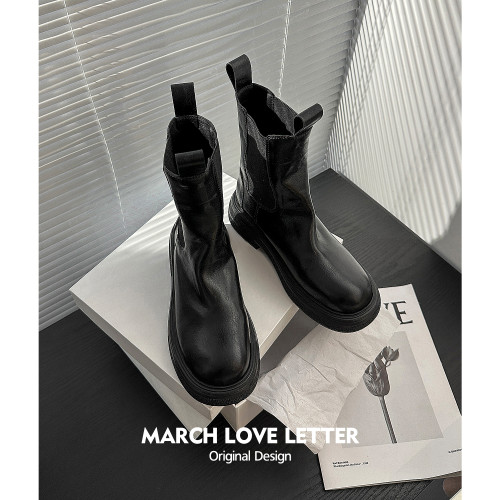 三月情書 2024秋冬新款真皮騎士靴女英倫復古中筒厚底菸筒靴