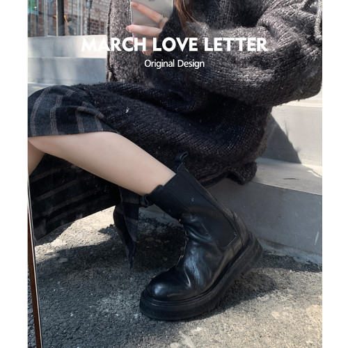 三月情書 2024秋冬新款真皮騎士靴女英倫復古中筒厚底菸筒靴