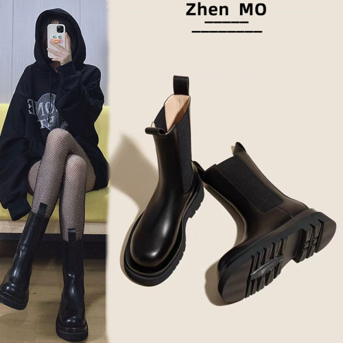 馬丁靴女2026春秋新款靴子切爾西短靴厚底菸琯加絨女鞋中筒菸筒靴