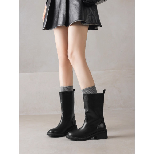 巴黎周刊～！真皮寬口一腳蹬中筒靴粗跟機車靴黑色騎士靴時裝靴