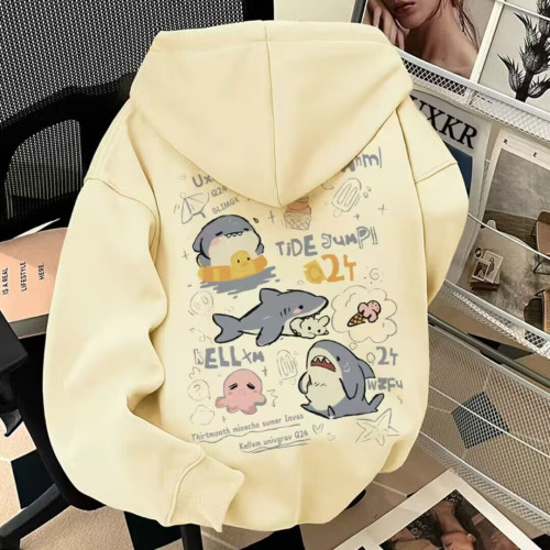 銀狐絨韓系可愛鯊魚印花連帽衛衣男女秋冬季ins休閒洋氣寬鬆外套