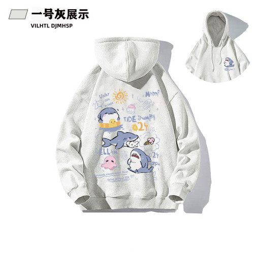 銀狐絨韓系可愛鯊魚印花連帽衛衣男女秋冬季ins休閒洋氣寬鬆外套