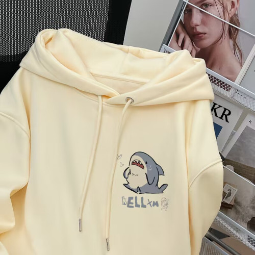 銀狐絨韓系可愛鯊魚印花連帽衛衣男女秋冬季ins休閒洋氣寬鬆外套